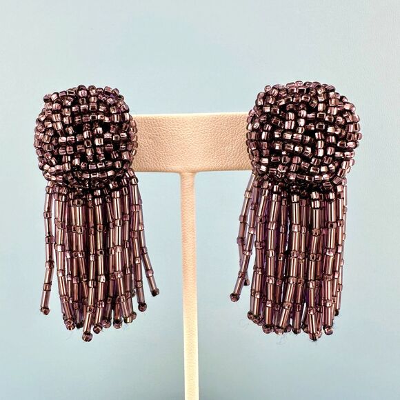 Estate Jewelry - Vintage Purple Seed Bead Tassel Earrings Iridescent Clip On Dangle Hand Sewn
